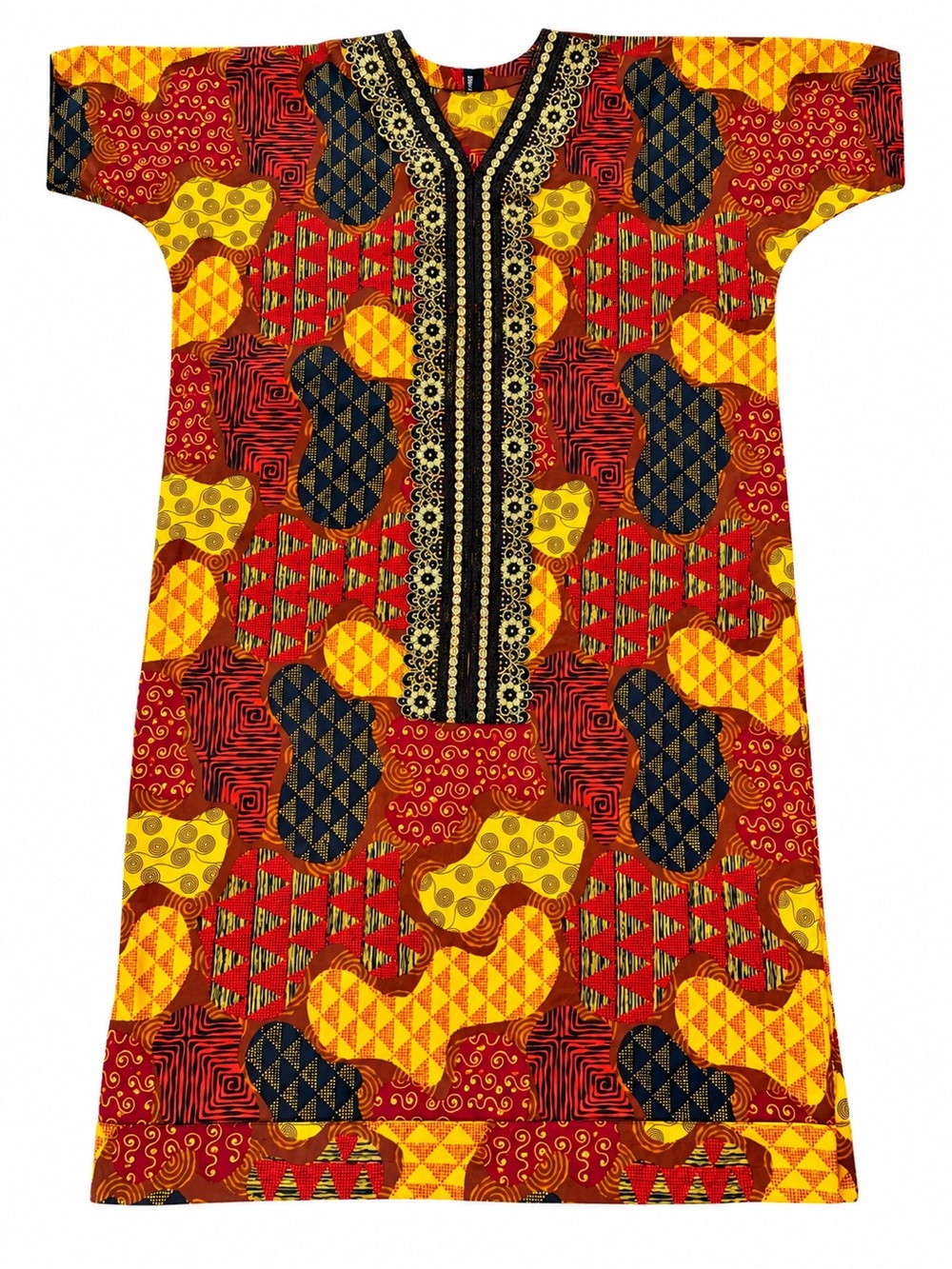 Red Yellow Ankara Print Shift Dress Gold Embroidered V-Neck Short Sleeve